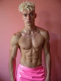 man as with platinum blonde hair and pink latex skirt