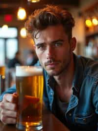 man in a busy bar drinking beer. holding an intact pint glass mug of beer