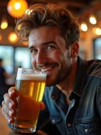 man in a busy bar drinking beer. holding an intact pint glass mug of beer