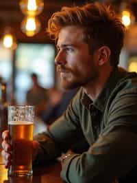 man in a busy bar drinking beer. holding an intact pint glass mug of beer