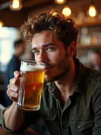 man in a busy bar drinking beer. holding an intact pint glass mug of beer