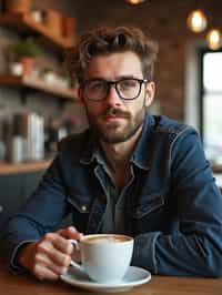  man in hipster coffee place with coffee cup on table