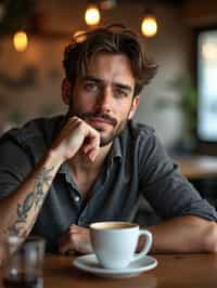  man in hipster coffee place with coffee cup on table