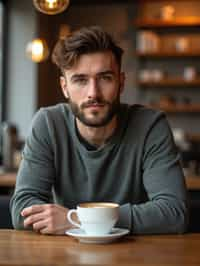  man in hipster coffee place with coffee cup on table