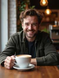  man in hipster coffee place with coffee cup on table