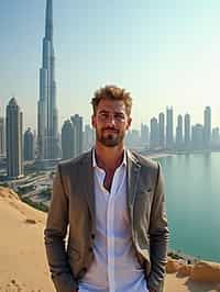 man standing in front of city skyline viewpoint in Dubai with city skyline in background