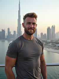 man standing in front of city skyline viewpoint in Dubai with city skyline in background