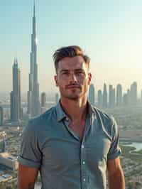 man standing in front of city skyline viewpoint in Dubai with city skyline in background