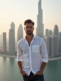 man standing in front of city skyline viewpoint in Dubai with city skyline in background