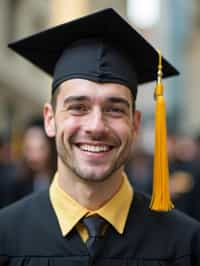 happy  man in Graduation Ceremony wearing a square black Graduation Cap with yellow tassel at college