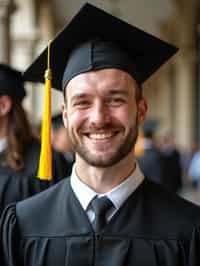 happy  man in Graduation Ceremony wearing a square black Graduation Cap with yellow tassel at college