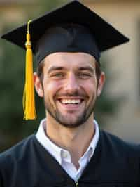 happy  man in Graduation Ceremony wearing a square black Graduation Cap with yellow tassel at college