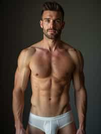 man wearing underwear  in Men's Health  centerfold photoshoot. intact eyes, symmetrical eyes, realistic skin texture. hyper realistic eyes. photorealistic