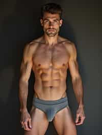 man wearing underwear  in Men's Health  centerfold photoshoot. intact eyes, symmetrical eyes, realistic skin texture. hyper realistic eyes. photorealistic