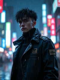 man as futuristic beautiful cyberpunk police officer, in heavy rainning futuristic tokyo rooftop cyberpunk night, ssci-fi, fantasy, intricate, very very beautiful, elegant, neon light, highly detailed, digital painting, artstation, concept art, soft light, hdri, smooth, sharp focus, illustration, art by tian zi and craig mullins and wlop and alphonse mucha