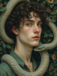 man with coiled serpents beautiful detailed romantic art nouveau of a man  by alphonse mucha, kay nielsen, yoshitaka amano, and gustav klimt, hauntingly beautiful refined moody dreamscape