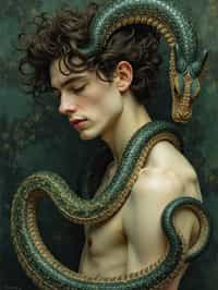 man with coiled serpents beautiful detailed romantic art nouveau of a man  by alphonse mucha, kay nielsen, yoshitaka amano, and gustav klimt, hauntingly beautiful refined moody dreamscape