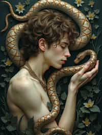 man with coiled serpents beautiful detailed romantic art nouveau of a man  by alphonse mucha, kay nielsen, yoshitaka amano, and gustav klimt, hauntingly beautiful refined moody dreamscape