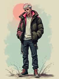 full body of a street punk man student, blue eyes, bubble jacket, hat, white hair by atey ghailan, by greg rutkowski, by greg tocchini, by james gilleard, by joe fenton, by kaethe butcher, gradient pink, black, brown and light blue color scheme, grunge aesthetic