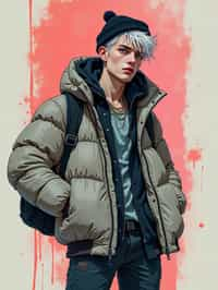 full body of a street punk man student, blue eyes, bubble jacket, hat, white hair by atey ghailan, by greg rutkowski, by greg tocchini, by james gilleard, by joe fenton, by kaethe butcher, gradient pink, black, brown and light blue color scheme, grunge aesthetic