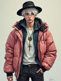 full body of a street punk man student, blue eyes, bubble jacket, hat, white hair by atey ghailan, by greg rutkowski, by greg tocchini, by james gilleard, by joe fenton, by kaethe butcher, gradient pink, black, brown and light blue color scheme, grunge aesthetic