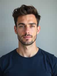 man as official passport photo for government documents. wearing a dark blue navy t-shirt. photorealistic. light gray background. entire face visible. entire head visible