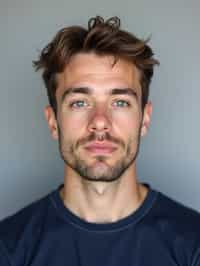 man as official passport photo for government documents. wearing a dark blue navy t-shirt. photorealistic. light gray background. entire face visible. entire head visible