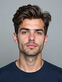 man as official passport photo for government documents. wearing a dark blue navy t-shirt. photorealistic. light gray background. entire face visible. entire head visible