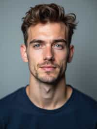 man as official passport photo for government documents. wearing a dark blue navy t-shirt. photorealistic. light gray background. entire face visible. entire head visible