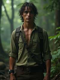 man as masculine male sidekick of Lara Croft  in Tombraider, in rainforest, cinematic lighting