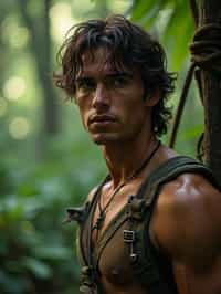 man as masculine male sidekick of Lara Croft  in Tombraider, in rainforest, cinematic lighting