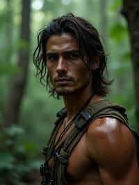 man as masculine male sidekick of Lara Croft  in Tombraider, in rainforest, cinematic lighting