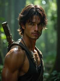 man as masculine male sidekick of Lara Croft  in Tombraider, in rainforest, cinematic lighting