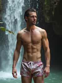 man in swim shorts  under a waterfall, wet hair