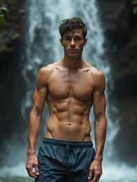 man in swim shorts  under a waterfall, wet hair