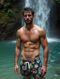 man in swim shorts  under a waterfall, wet hair