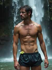 man in swim shorts  under a waterfall, wet hair