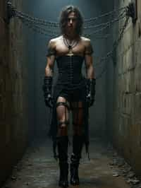 gothic man, bound by chains and barbed wire in a dungeon, very tight corset, high heels