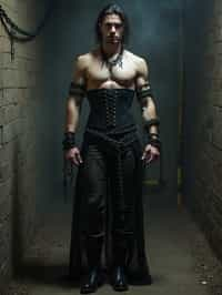 gothic man, bound by chains and barbed wire in a dungeon, very tight corset, high heels