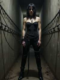 gothic man, bound by chains and barbed wire in a dungeon, very tight corset, high heels