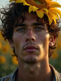 Close face shot of a man with a sunflower in hair, summer season, moody scene,, intricate, sharp details, summer vibe, gorgeous scene by gaston bussiere, craig mullins, somber lighting, drawn by giacomo burattini, inspired by graphic novel cover art, hyperrealistic, 8 k by rhads