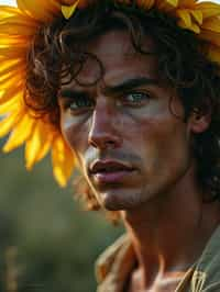 Close face shot of a man with a sunflower in hair, summer season, moody scene,, intricate, sharp details, summer vibe, gorgeous scene by gaston bussiere, craig mullins, somber lighting, drawn by giacomo burattini, inspired by graphic novel cover art, hyperrealistic, 8 k by rhads