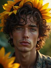 Close face shot of a man with a sunflower in hair, summer season, moody scene,, intricate, sharp details, summer vibe, gorgeous scene by gaston bussiere, craig mullins, somber lighting, drawn by giacomo burattini, inspired by graphic novel cover art, hyperrealistic, 8 k by rhads