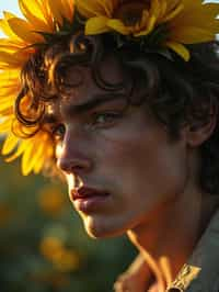 Close face shot of a man with a sunflower in hair, summer season, moody scene,, intricate, sharp details, summer vibe, gorgeous scene by gaston bussiere, craig mullins, somber lighting, drawn by giacomo burattini, inspired by graphic novel cover art, hyperrealistic, 8 k by rhads