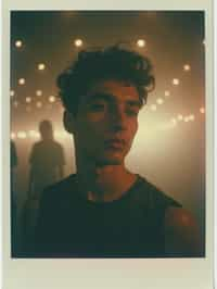 Dreamy polaroid instax photograph of man in the backrooms, many lights in background