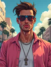 man, gta vice city cover art, borderlands style, celshading, trending on artstation, by rhads, andreas rocha, rossdraws, makoto shinkai, laurie greasley, lois van baarle, ilya kuvshinov and greg rutkowski