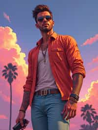 man, gta vice city cover art, borderlands style, celshading, trending on artstation, by rhads, andreas rocha, rossdraws, makoto shinkai, laurie greasley, lois van baarle, ilya kuvshinov and greg rutkowski