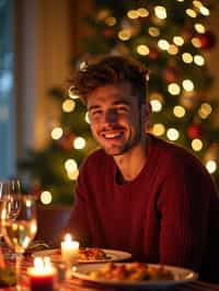 man at Christmas dinner wearing Christmas style clothes. Christmas tree in background. Christmas lights