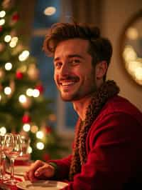 man at Christmas dinner wearing Christmas style clothes. Christmas tree in background. Christmas lights