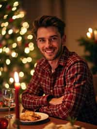 man at Christmas dinner wearing Christmas style clothes. Christmas tree in background. Christmas lights